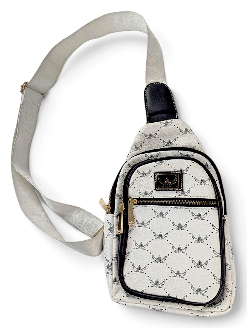 Wendy Keen Sling Crossbody Bag White Black Mini Backpack Faux Leather 7" x 12"